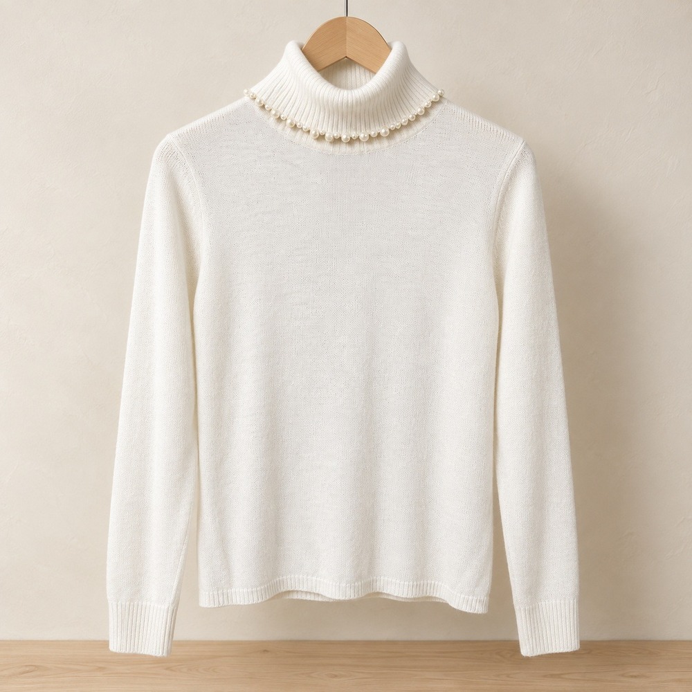 By Design Ivory Pearl Trim Turtleneck Sweater M Slightly Cropped Cream Knit
